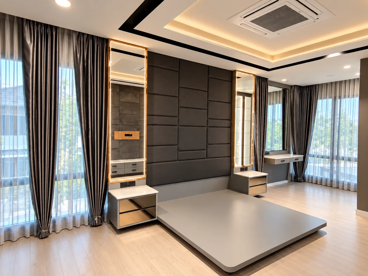 Bangkok Townhouse bedroom with floor-to-ceiling curtains and sheers