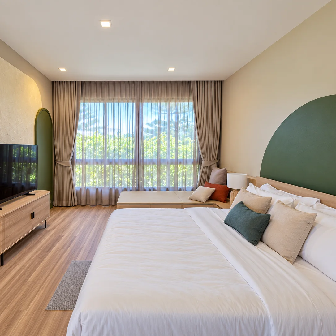 Khao Yai Pool Villa bedroom with layered curtains